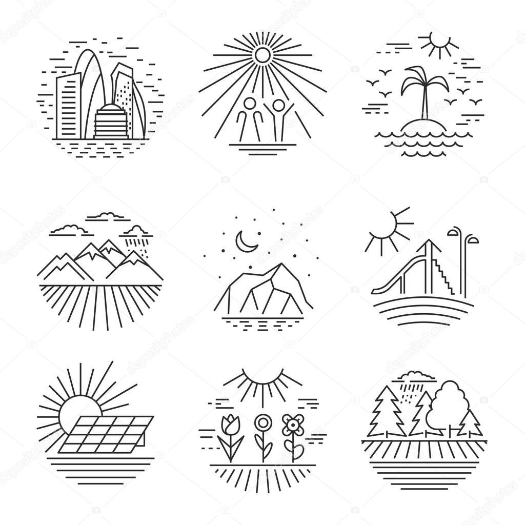 Round Linear icons and logo design elements with landscapes. Urban and nature scenes icons set. Vector illustration