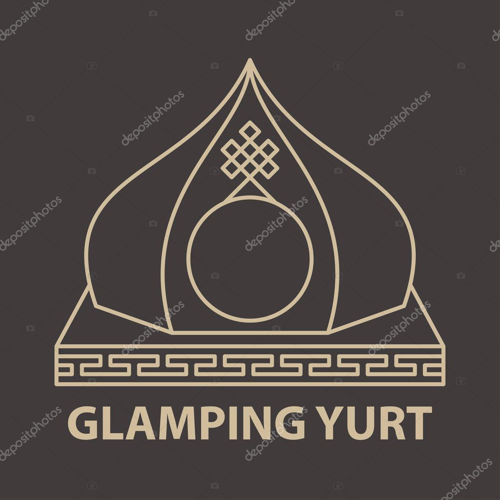 Template with native yurt for glamping. Flat line style glamping travel logo. Vector illustration.