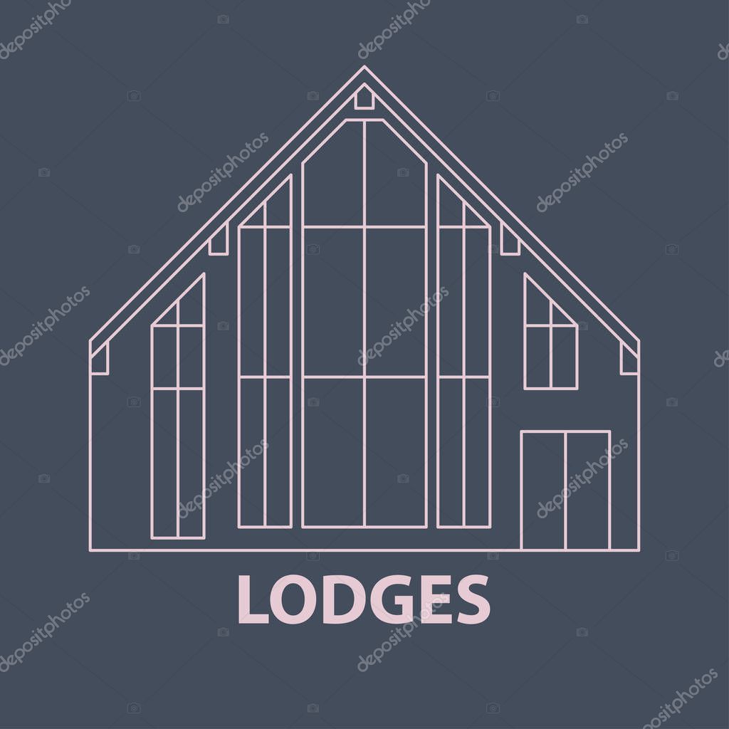Template with lodges for glamping. Flat line style glamping travel logo. Vector illustration.