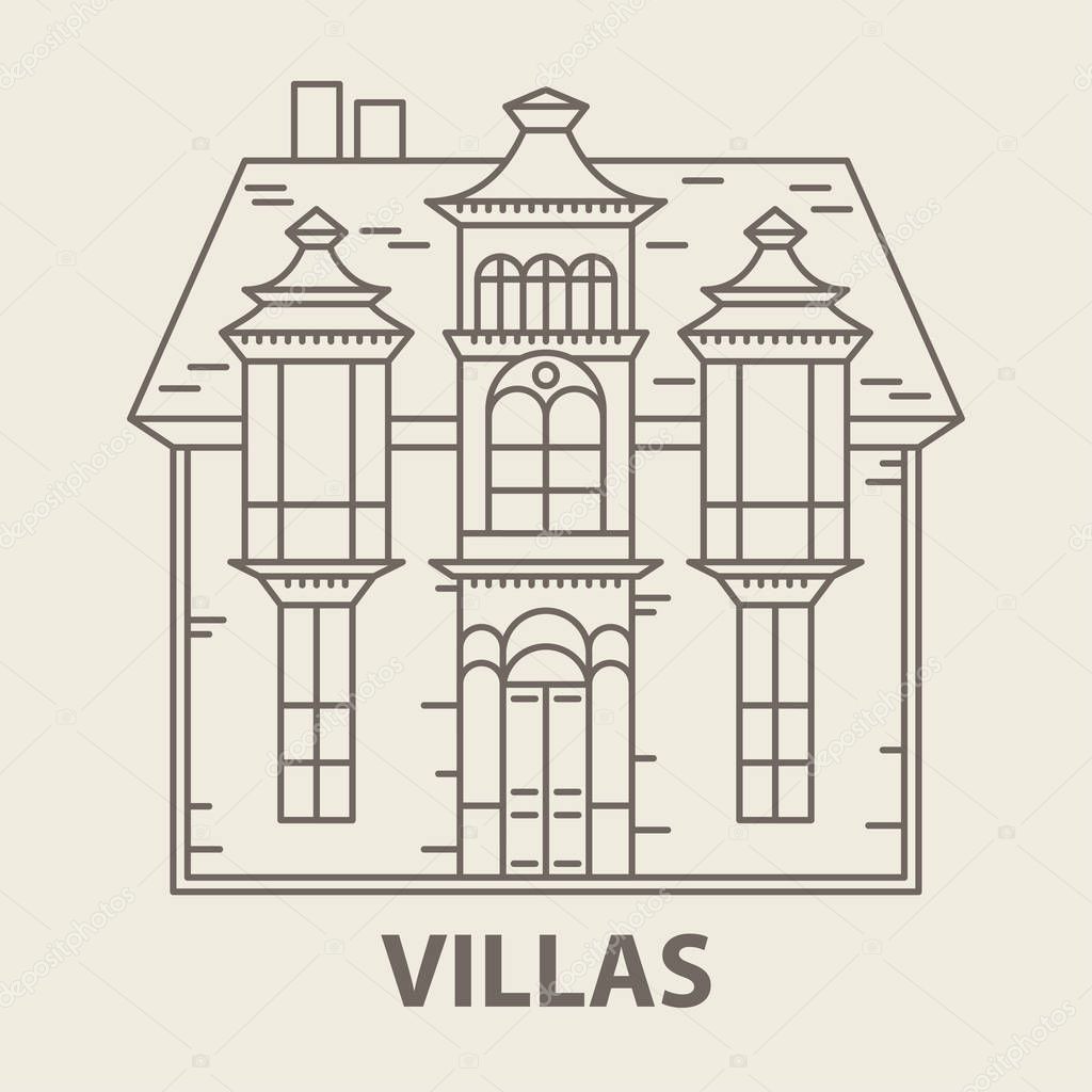 Template with villa for glamping. Flat line style glamping travel logo. Vector illustration.
