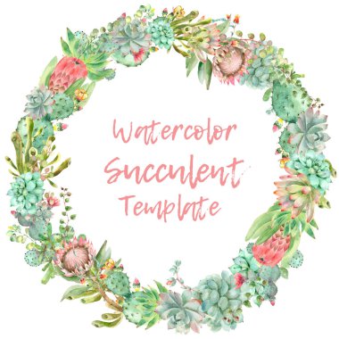 Succulents kartı suluboya yuvarlak
