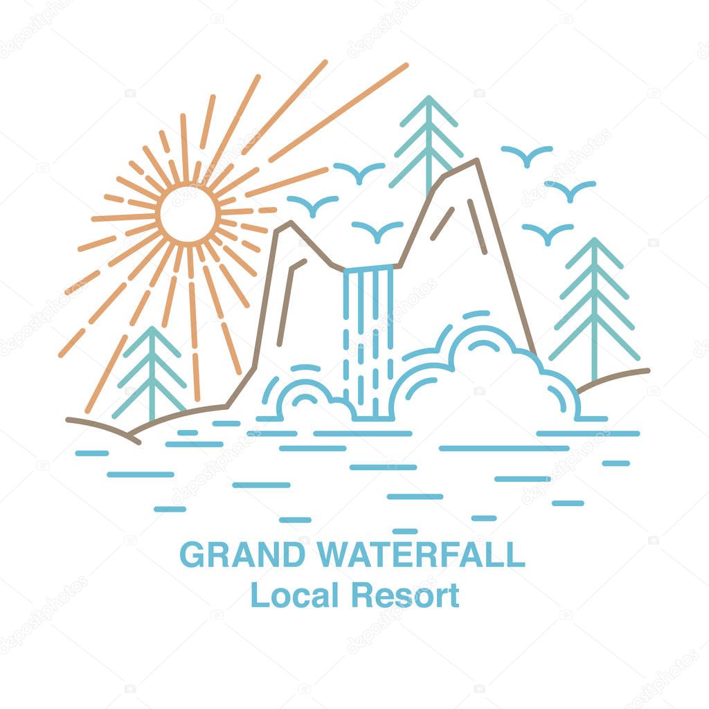 Template with waterfall resort, pine tree and sun landscape on white background. Flat line style travel banner. Vector illustration.
