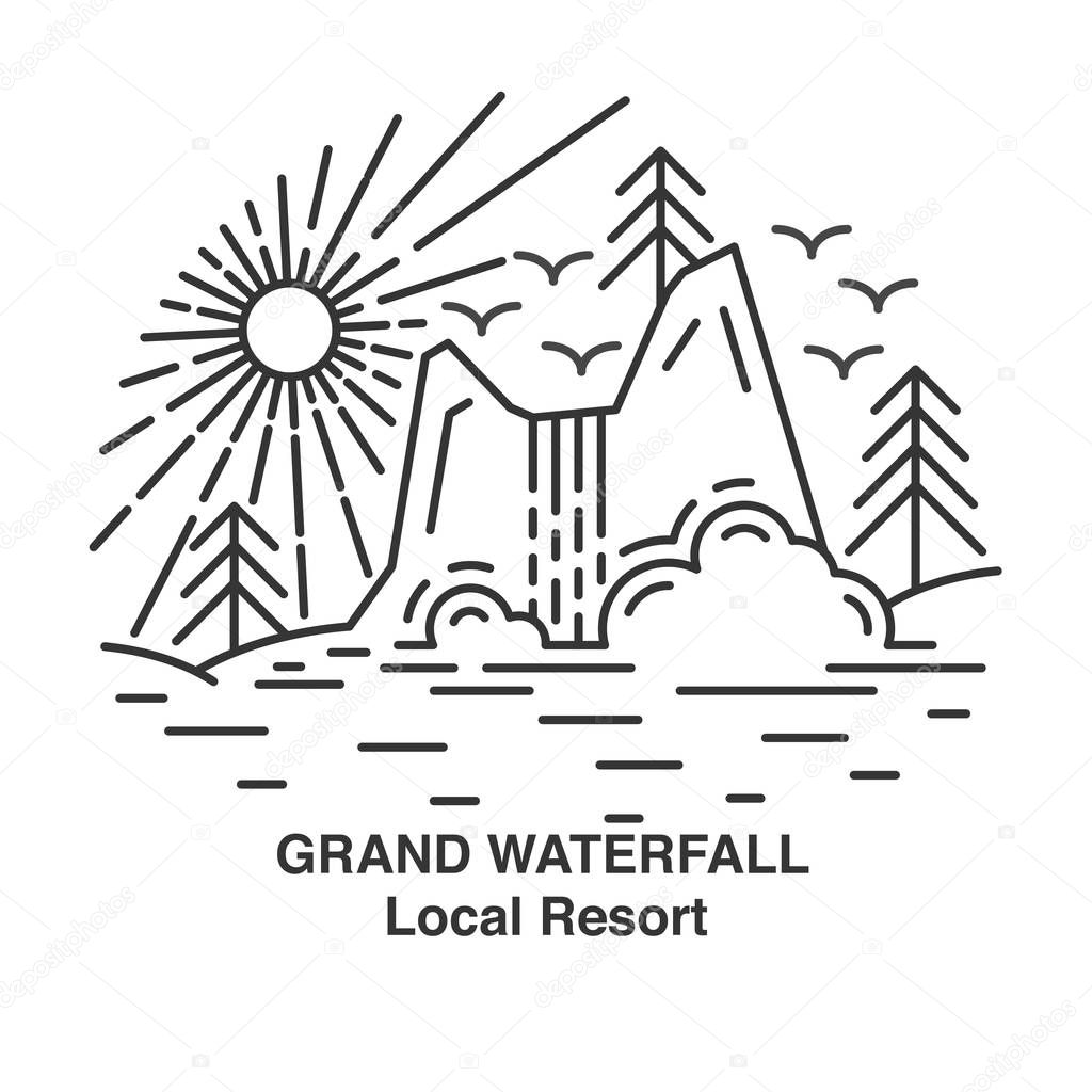 Template banner with waterfall resort, pine tree and sun landscape on white background. Black Line travel poster. Vector illustration.