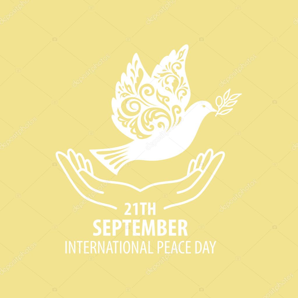 Dove of peace with pattern in hands. Poster for international peace day.