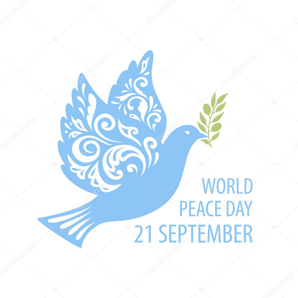 Dove with pattern in Russian style with olive branch on white background. Poster for international peace day.