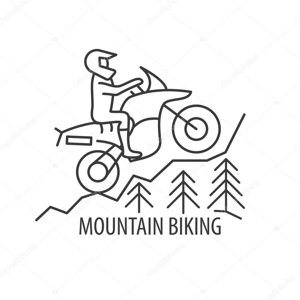 Mountains motorbike icon in linear style. Motorbike in mounain logo. Vector illustration