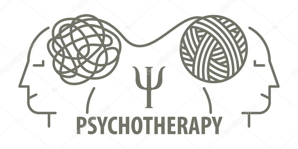 Psychotherapy concept in linear style. Psychologist unravels tangled tangle untangled. Minimalistic line face and tangled tangle. Vector illustration
