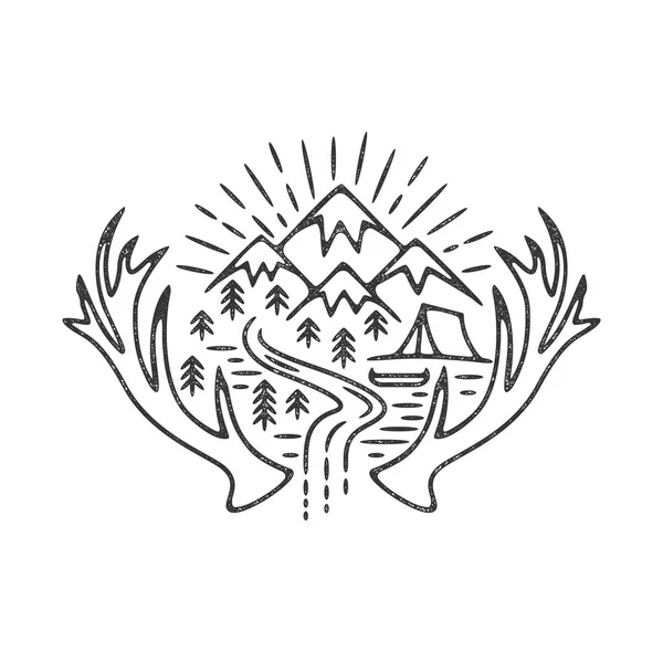 Montagnes camping grunge logo — Image vectorielle