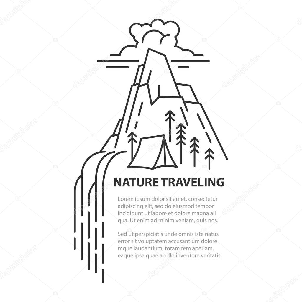 Waterfall in mountain with tent. Line art template isolated on white background. With place for text.