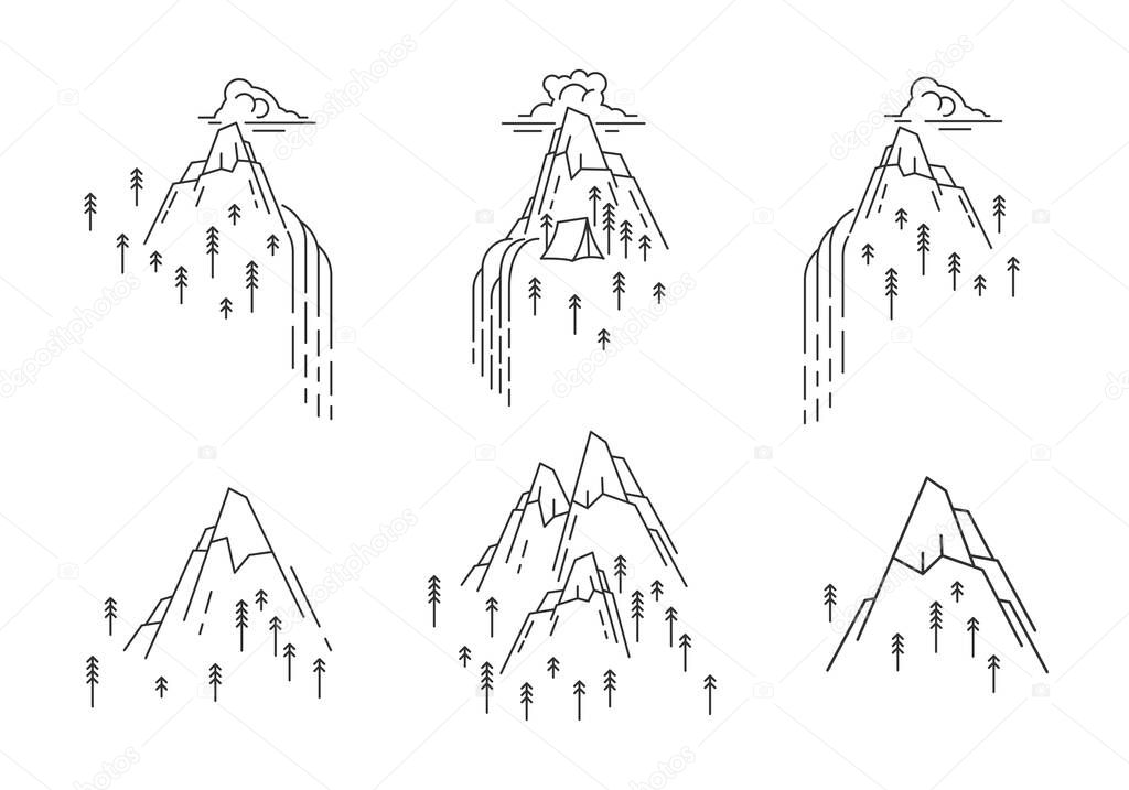 Waterfall in mountain set. Line art hiking nature icons collection isolated on white background.