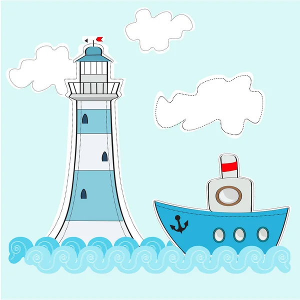 A boat and lighthouse in an ocean on a sunny day with clouds — Stock Vector