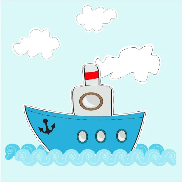Funny cartoon ship on the sea with clouds — Stock Vector