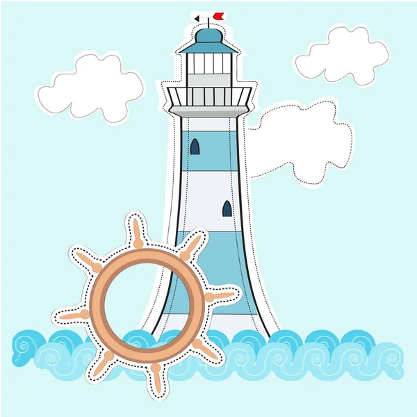 Illustration of a light house on a blue background with clouds and steering wheel — Stock Vector