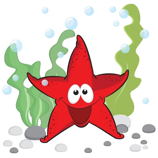 Симпатична червона усміхнена морська зірка з блискучими очима на морському фоні . — стоковий вектор
