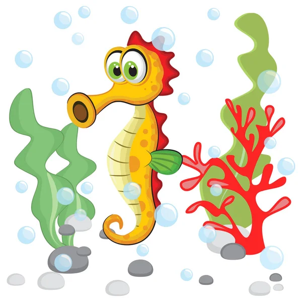 Vector illustratie van seahorse met koralen en water bubbels — Stockvector