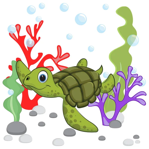 Tortuga de dibujos animados bajo el agua con plantas de corales y burbujas — Archivo Imágenes Vectoriales