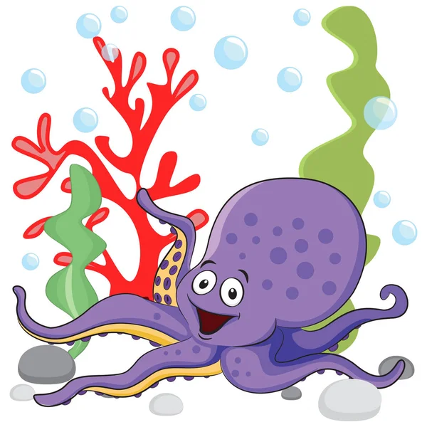 Illustratie van een paarse Octopus onder de zee in de buurt van de kleurrijke koralen op een witte achtergrond — Stockvector