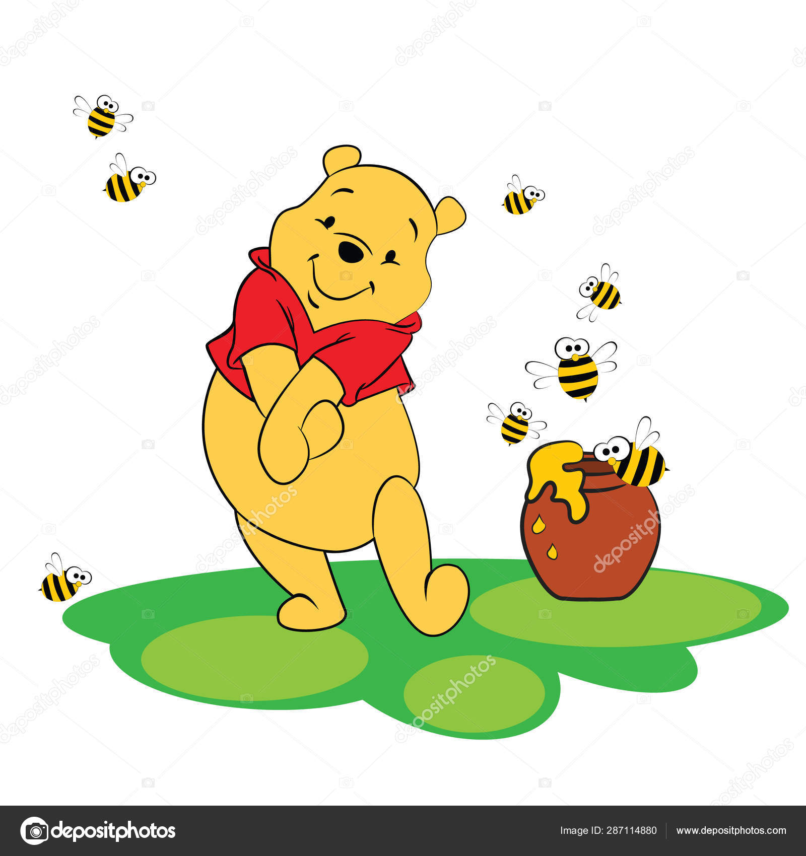 Kubuś Puchatek z pszczołami i miodem. — Wektor stockowy