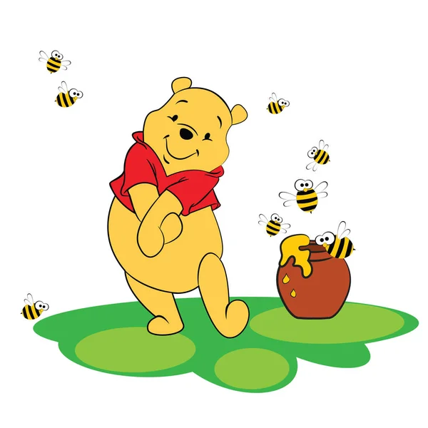 Winnie the Pooh com abelhas e pote de mel . —  Vetores de Stock