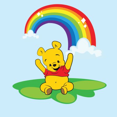 Winnie the Pooh with rainbow an clouds vector composition for nursery or kids room clipart