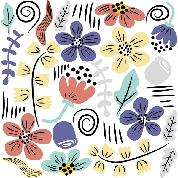 Vector floral pattern in doodle style with flowers and leaves. Gentle, spring floral background. — Stock Vector