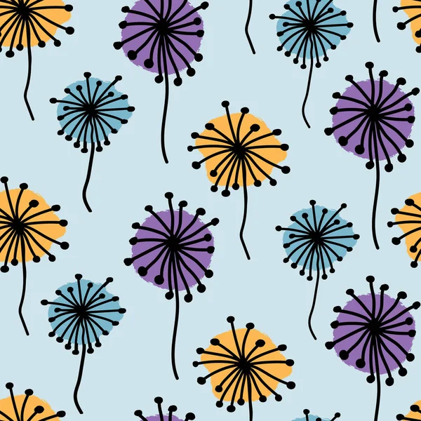 Dandelion blowing plant vector floral seamless pattern. Cute flowers with colored heads. Meadow blossom textile print graphics. — Stock Vector