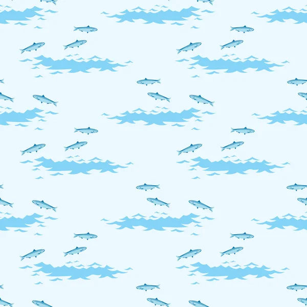 Рыбный узор. Море или океан. Школа рыбных силуэтов на голубом векторе бесшовной текстуры — стоковый вектор