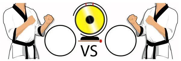 Tekvando dövüşçüleri birbirlerine karşı. Atletlerin fotoğrafları için yuvarlak çerçeveler. Altın gong yarışmanın başlangıcının sembolü..