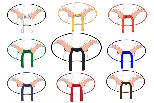 Cintos Artes Marciais Com Diferentes Cores Conjunto Karatê Vetorial Taekwondo —  Vetores de Stock