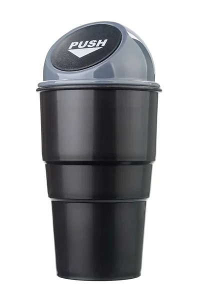 Серый пластиковый мусорный стакан с крышкой — стоковое фото