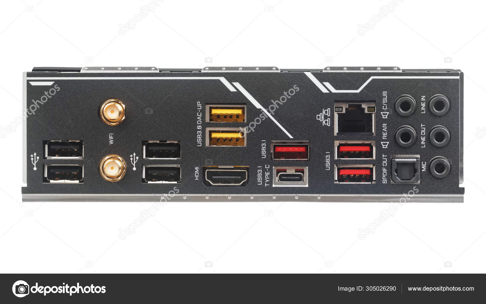 Connectors and ports on back side of modern computer motherboard