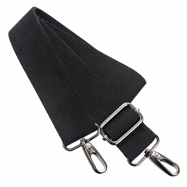Black nylon belt with metal clasps, hook carabiners — Stock Photo, Image