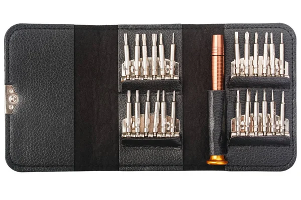 Mini screwdriver set in leather case close up — Stock Photo, Image