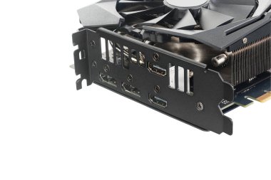 Modern bilgisayar grafikleri kartı. Yakın çekim bağlantıları: port, hdmi.