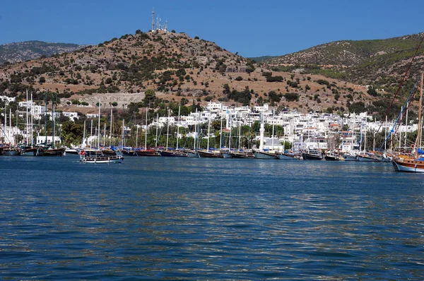 Vitorlások Port Bodrum Törökország Ókori Színház Háttérben — Stock Fotó