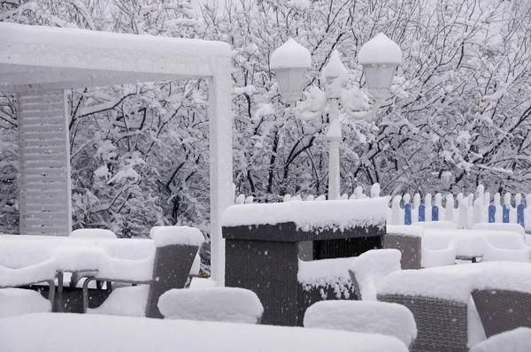 Chairs Tables Covered Snow Outdoor Restaurant — Stock Photo, Image