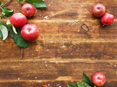 Olgun kırmızı elma ile ahşap arka plan yapraklarda. Sığ dof.