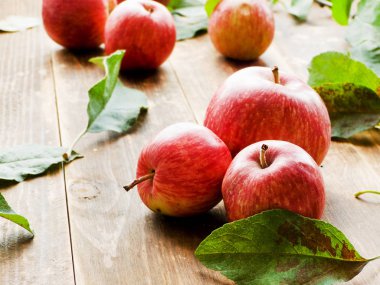 Olgun kırmızı elma ile ahşap arka plan yapraklarda. Sığ dof.