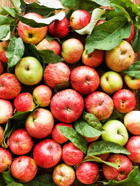 Manzanas Rojas Maduras Con Hojas Sobre Fondo Madera Dof Poco —  Fotos de Stock