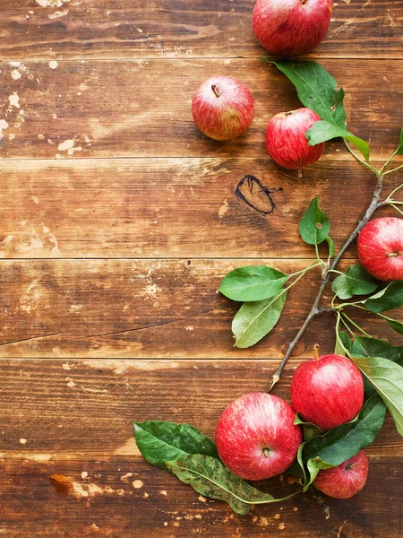 Mogna Röda Äpplen Med Blad Trä Bakgrund Grunt Dof — Stockfoto