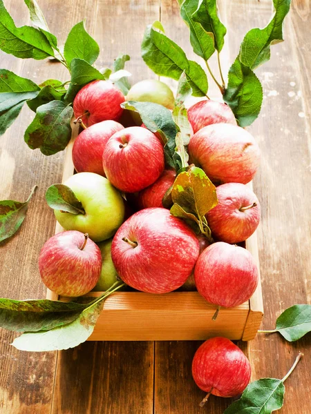 Manzanas Rojas Maduras Con Hojas Sobre Fondo Madera Dof Poco —  Fotos de Stock