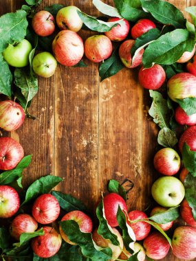 Olgun kırmızı elma ile ahşap arka plan yapraklarda. Sığ dof.