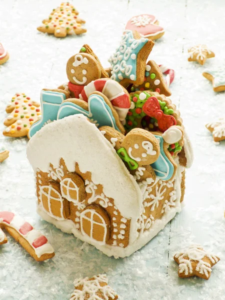 Christmas Gingerbread House Full Cookies Shallow Dof — Stock Photo, Image