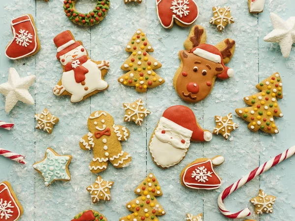 Christmas Decorated Gingerbread Cookies Background Shallow Dof — Stock Photo, Image