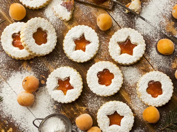 Galletas Linzer Navidad Con Mermelada Albaricoque Dof Poco Profundo — Foto de Stock