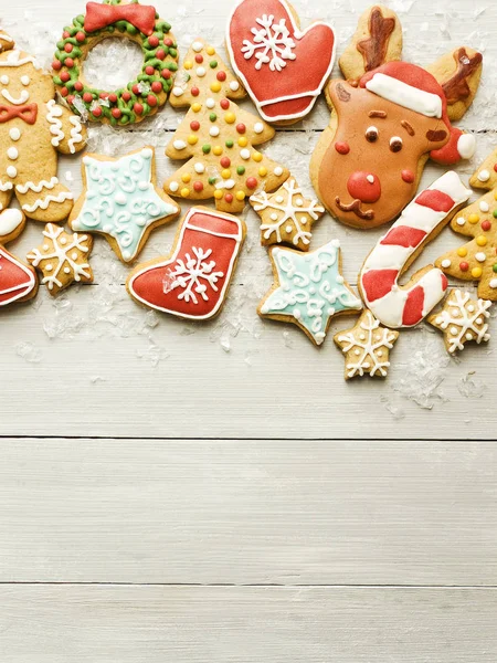 Zdobené Vánoční Perník Cookies Pozadí Mělké Dof — Stock fotografie