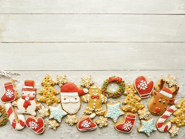 Zdobené Vánoční Perník Cookies Pozadí Mělké Dof — Stock fotografie