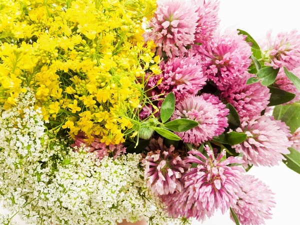 Meadow Flowers White Wooden Background Shallow Dof — Stock Photo, Image