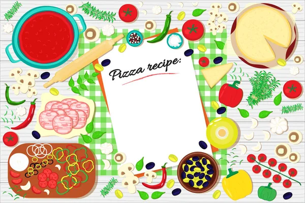 Lista Recetas Pizza Mesa Con Ingredientes Alimentarios Fondo Ilustración Vectorial — Vector de stock