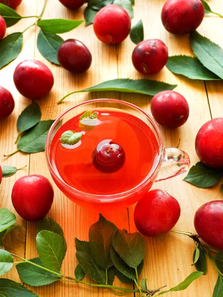 Cup Red Alucha Cherry Plum Compote Shallow Dof — Stock Photo, Image